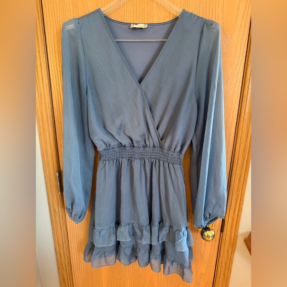 Altar'd State Dresses & Skirts - ALTAR’D STATE Like New Dusty Blue Sparkle Ruffle Long Sleeve Mini Dress Size L